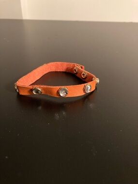 Orange Leather Snap Bracelet with Clear Rhinestones